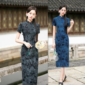 GX老上海复古国风大码旗袍2025秋新款牛奶丝植绒弹力旗袍
