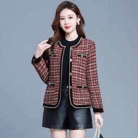 QYM 725006-Y时髦换新小香风格子外套单排扣休闲上衣
