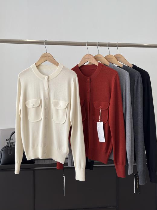 天猫同步【软糯绵羊毛】拉夏贝尔/La Chapelle高级简约双口袋纯色针织开衫女宽松圆领长袖毛衣 商品图5