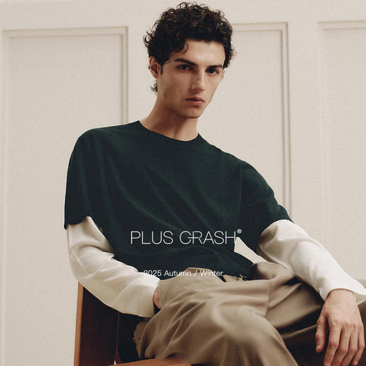 PLUS CRASH纯羊毛100%春秋新拼接假两件长袖针织衫打底衫男女同款 商品图3