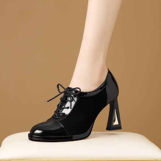 【预售5天】真皮圆头防水台高跟鞋时尚拼接系带深口粗跟单鞋舒适通勤踝靴HY&H3729 商品图2