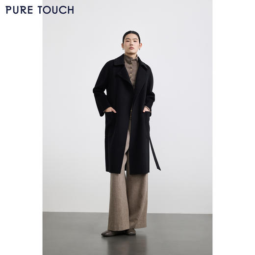 PURE TOUCH女装25秋冬新款丝绒毛混纺毛呢大衣黑色中长款直身外套 商品图3