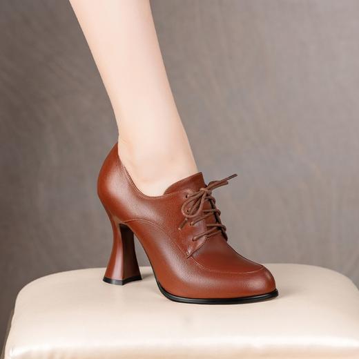 BZ804圆头防水台高跟鞋女2025年春秋季系带棕色深口系带软皮粗跟单鞋潮 商品图0