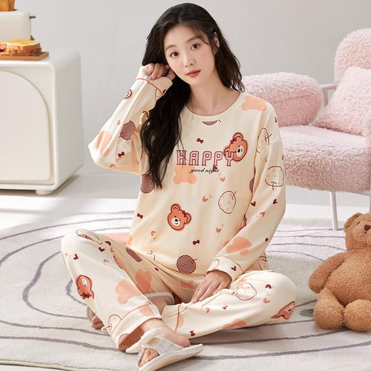 春秋季带胸垫睡衣女士长袖长裤免穿内衣文胸家居服套装居家可外穿 商品图11