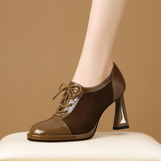 【预售5天】真皮圆头防水台高跟鞋时尚拼接系带深口粗跟单鞋舒适通勤踝靴HY&H3729 商品图0