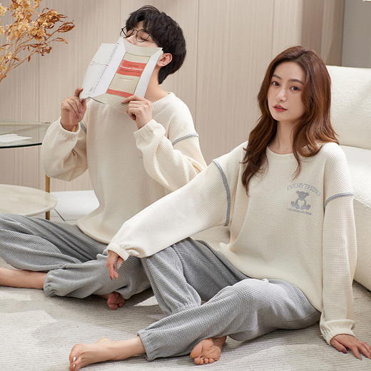 新款秋季情侣睡衣女棉长袖长裤套装男春秋季华夫格家居服休闲居家 商品图0