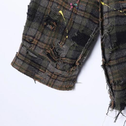 SC3052SDSA秋冬新款痞帅男装嘻哈街头泼墨磨破流苏纽扣翻领长袖衬衫百搭 商品图3