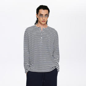 oneup亚麻条纹亨利领宽松长袖（男女同款）