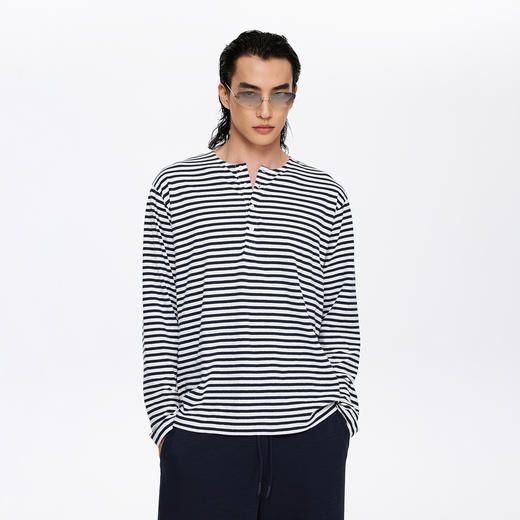 oneup亚麻条纹亨利领宽松长袖（男女同款） 商品图0