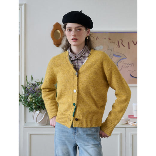 SimpleRetro法式羊毛花纱V领撞色针织开衫女 商品图2