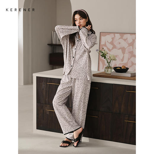 可人儿春秋季带胸垫奥力棉女士长袖长裤睡衣可外出纯棉家居服套装 商品图1