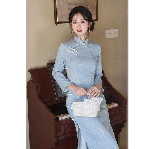 GX纯色仿羊绒长款九分袖旗袍2025秋冬新款复古国风年轻款高级感旗袍 商品图1