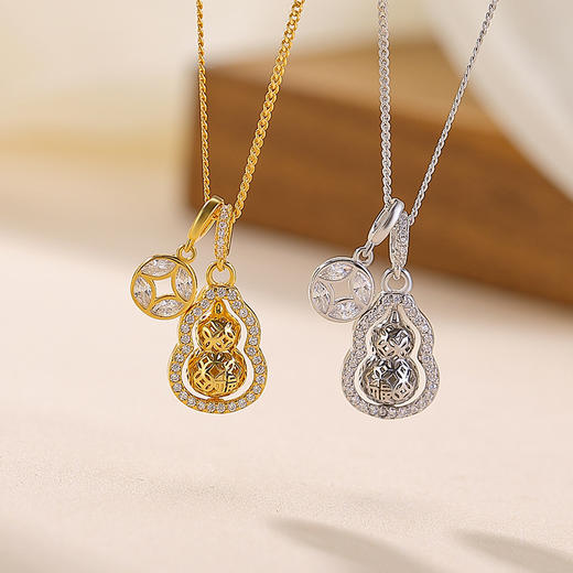 S925纯银镂空葫芦福禄铜钱钱币，可转动吊坠项链套链CW-XL00440 商品图0