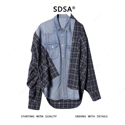 8035SDSA秋冬新款痞帅男装潮牌牛仔拼接设计翻领长袖衬衫宽松街头衬衣 商品图1