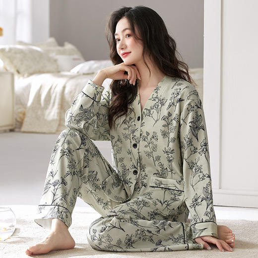 秋季带胸垫睡衣女和服无领长袖长裤家居服套装前扣免穿文胸春秋款 商品图5