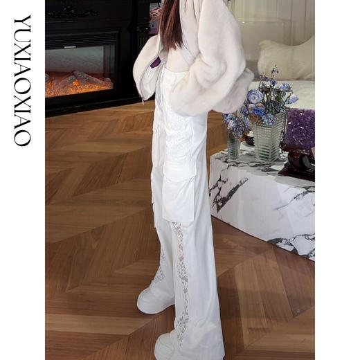 余潇潇【甜酷环游】松弛慵懒100棉拼同色系花边直筒工装裤2025早秋 商品图4