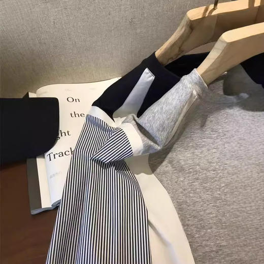 【断码清仓，无退换】日本客供料！设计师款~2025宽松显瘦条纹袖假两件时髦圆领卫衣女春 商品图0