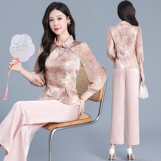 QYM 725031-Y两件套妈妈装印花复古国风上衣+直筒阔腿裤 商品图2
