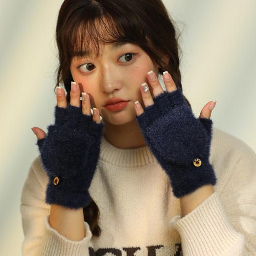 【仿羊绒面料！又萌又保暖】2025可爱新款秋冬针织防寒保暖漏指百搭毛线手套休闲时尚半指翻盖手套。ha 商品图2