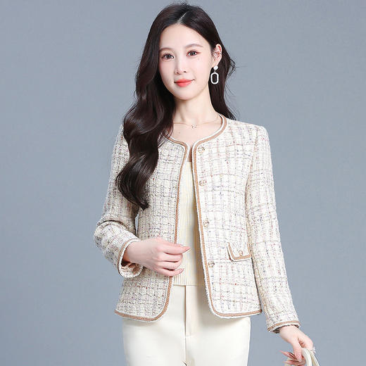 QYM 725020-Y时髦换新外套格纹小香风短款休闲单排扣 商品图0