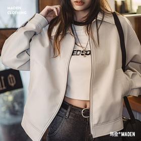 马登贝果复古风米白色皮衣外套港风机车短夹克小个子上衣褂子秋女