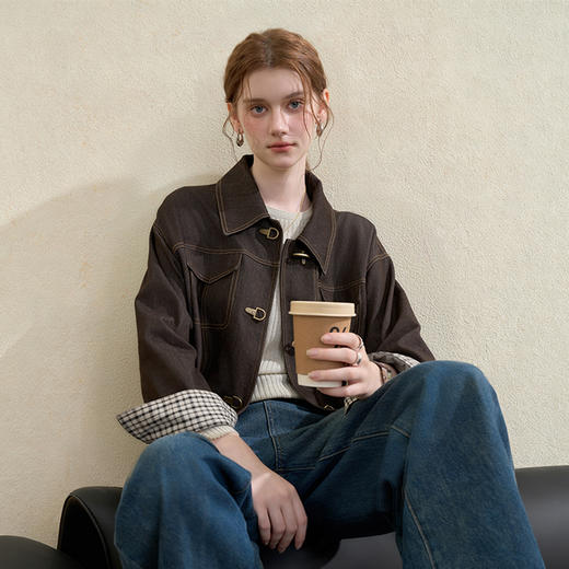西遇复古翻领仿牛仔外套女秋季韩系百搭宽松显瘦休闲外套上衣V3251247 商品图3