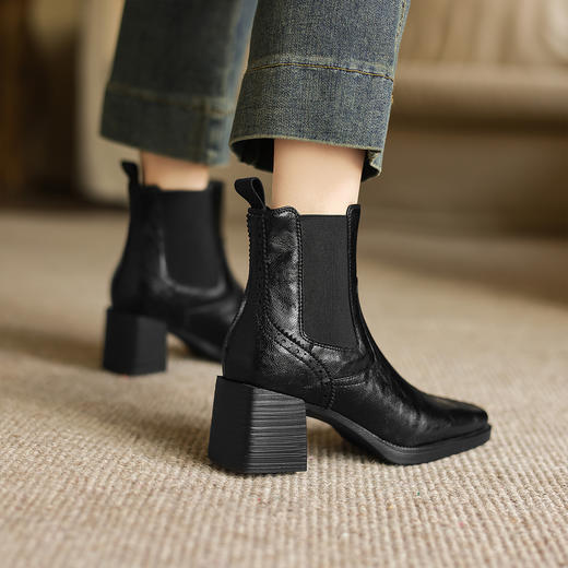 阿么手工女鞋高跟时装靴高级感百搭显瘦2025新款小方头短靴女6CM 商品图3