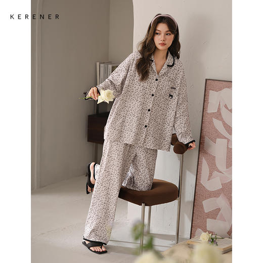 可人儿春秋季带胸垫奥力棉女士长袖长裤睡衣可外出纯棉家居服套装 商品图2