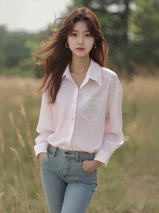 【秋新品】维纳真蒂2950清新条纹蕾丝口袋衬衫-喜出 商品图2