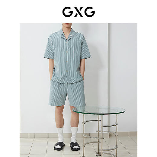 GXG男士家居服 清新绿色条纹短袖短裤睡衣套装男 25年春夏新品 商品图1