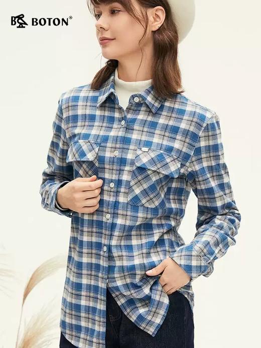 波顿女士春秋冬 工装格纹衬衫 磨毛舒挺 宽松长袖对格休闲款LS028324 商品图1