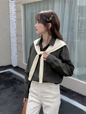 【秋新品】赠送披肩 灰色短款简约衬衫（微微瑕）-喜出