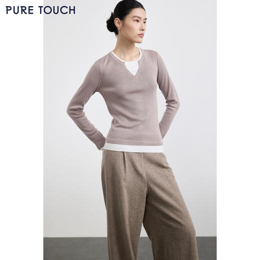 PURE TOUCH女装 25秋冬新款羊毛混纺针织衫v领拼接假两件套头毛衣 商品图0