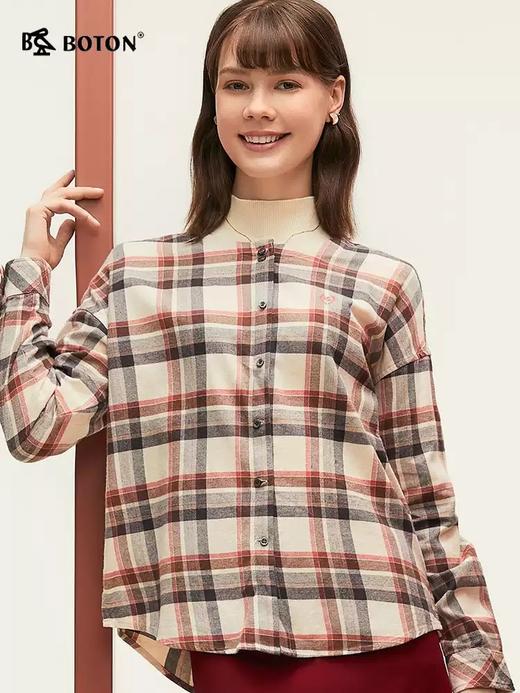 波顿女士格纹长袖衬衫 柔暖舒挺 薄磨毛宽松百搭款LS018324 商品图3