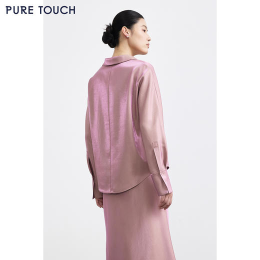 PURE TOUCH女装 25秋冬新款v领缎面长袖衬衫极简直筒微收腰珠光感 商品图4