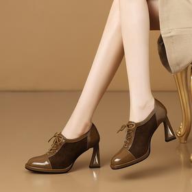 【预售5天】真皮圆头防水台高跟鞋，时尚拼接系带深口粗跟单鞋HY&H3729
