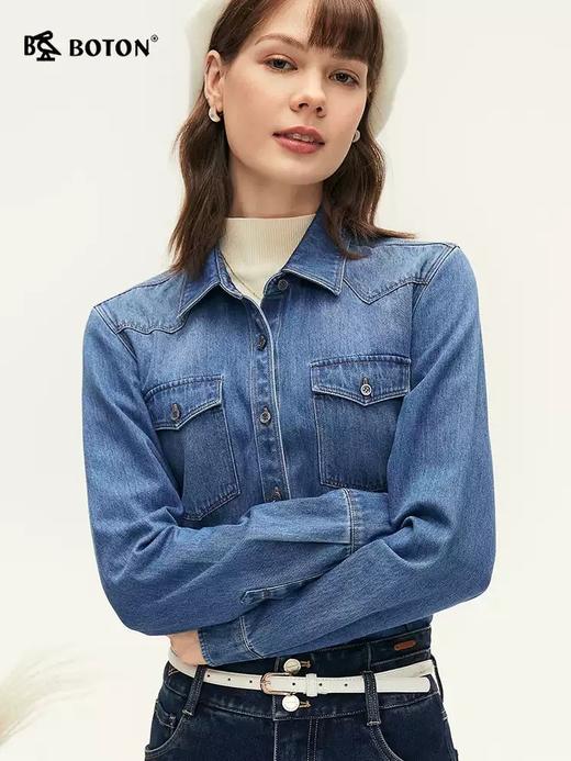 波顿女士秋冬季工装风口袋长袖牛仔衬衫LS033324 商品图1