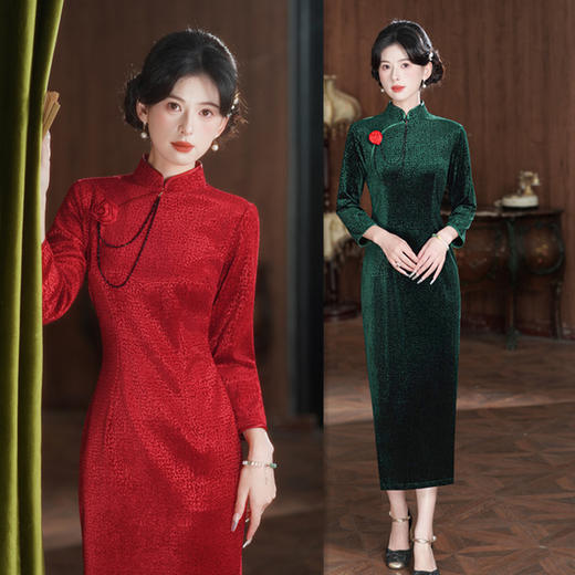 GX纯色魔幻格丝绒长款旗袍2025秋冬新款复古国风喜妈妈婚宴旗袍礼服 商品图3
