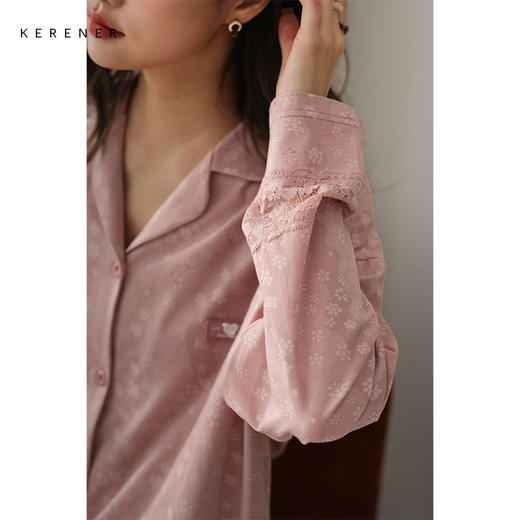 可人儿春秋季带胸垫奥力棉女士长袖长裤睡衣可外出纯棉家居服套装 商品图2