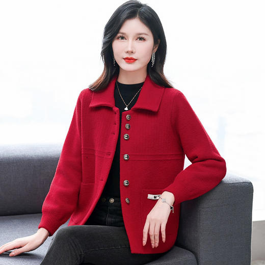 W522-6065-90-158毛呢子外套女短款2025新款春秋加厚翻领毛衣开衫小个子针织上衣 商品图1