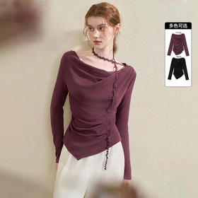 西遇气质荡领针织T恤女秋季新款不规则抽褶收腰显瘦长袖上衣V3255155
