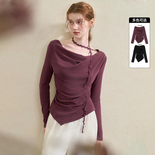 西遇气质荡领针织T恤女秋季新款不规则抽褶收腰显瘦长袖上衣V3255155 商品图0