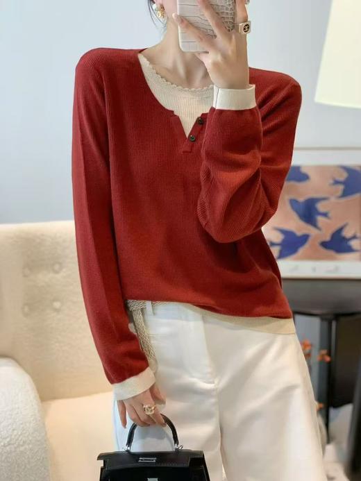 FS竹纤维女士时尚圆领拼接针织衫62026 商品图0