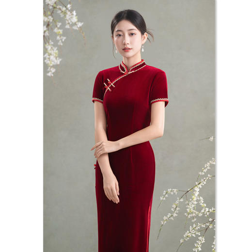 SKY 209666红色花边丝绒喜妈妈婚宴长款气质旗袍 商品图3