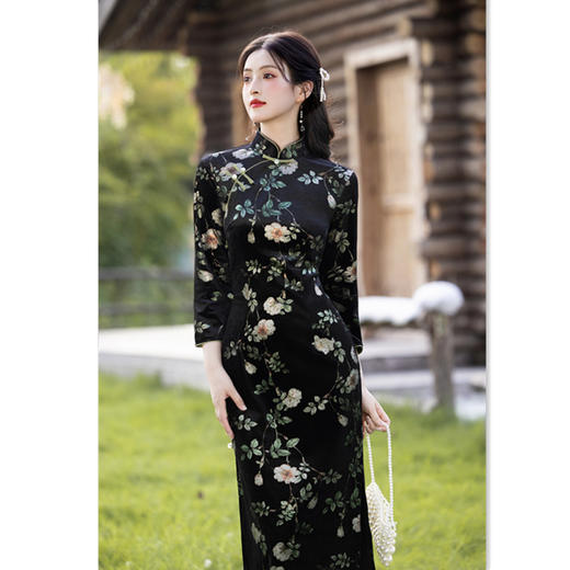 GX丝绒长款单层旗袍2025秋季新款复古国风新中式年轻款日常旗袍女装 商品图2