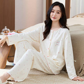 秋季莫代尔睡衣女开衫圆领长袖长裤家居服套装前扣青年中年款简约