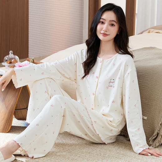 秋季莫代尔睡衣女开衫圆领长袖长裤家居服套装前扣青年中年款简约 商品图0