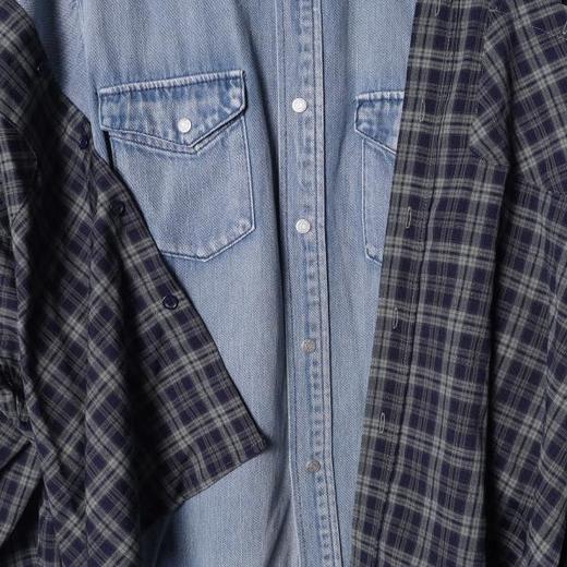 8035SDSA秋冬新款痞帅男装潮牌牛仔拼接设计翻领长袖衬衫宽松街头衬衣 商品图3