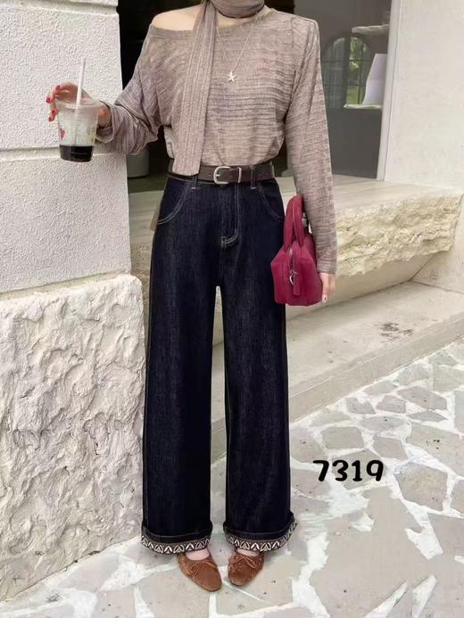 【爆款牛仔】2025秋季新品～7319两穿可卷边重工刺绣裤口单宁蓝牛仔直筒裤-喜出 商品图4