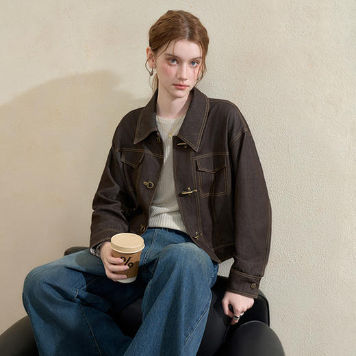 西遇复古翻领仿牛仔外套女秋季韩系百搭宽松显瘦休闲外套上衣V3251247 商品图4